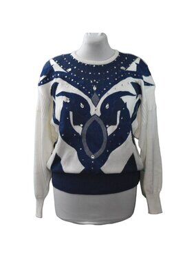 Vintage Nilani 80s Sweater M White Navy Rhinestone Applique Statement Glam NEW